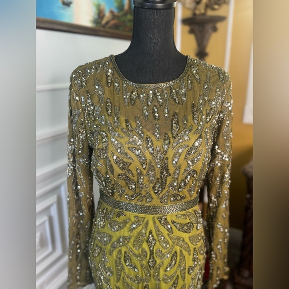 Green Beaded Long Sleeve Evening Gown - Picture 7 of 7
